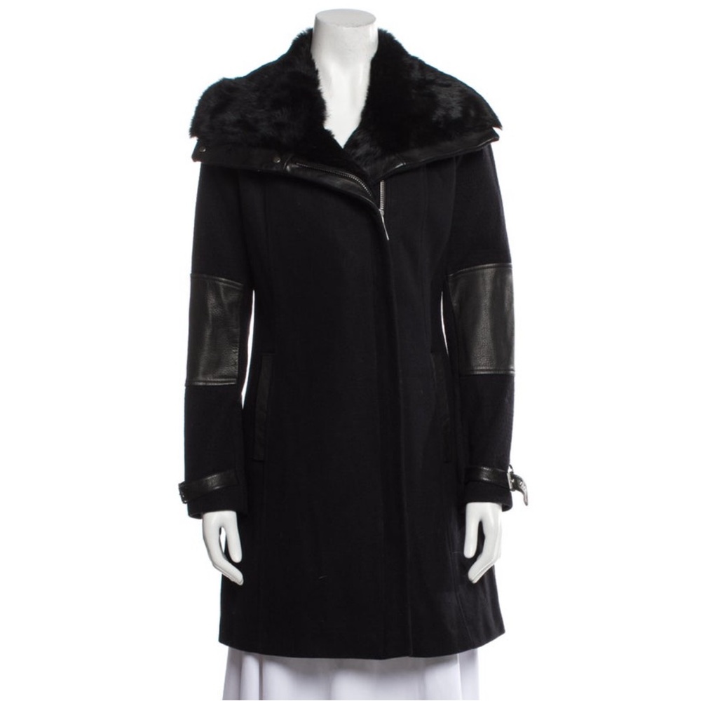 Andrew Marc x Richard Chai black fur/leather accent coat, size 8